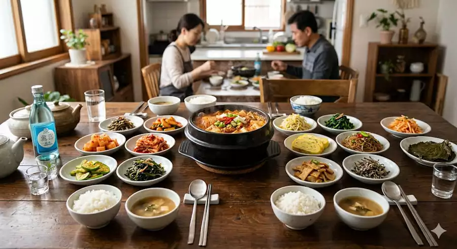 Understanding Korean Jeong A Heartwarming Guide to Korea’s Essential Cultural Heart 3 A variety of Korean side dishes (Banchan) served at a restaurant, showing the heart of sharing.