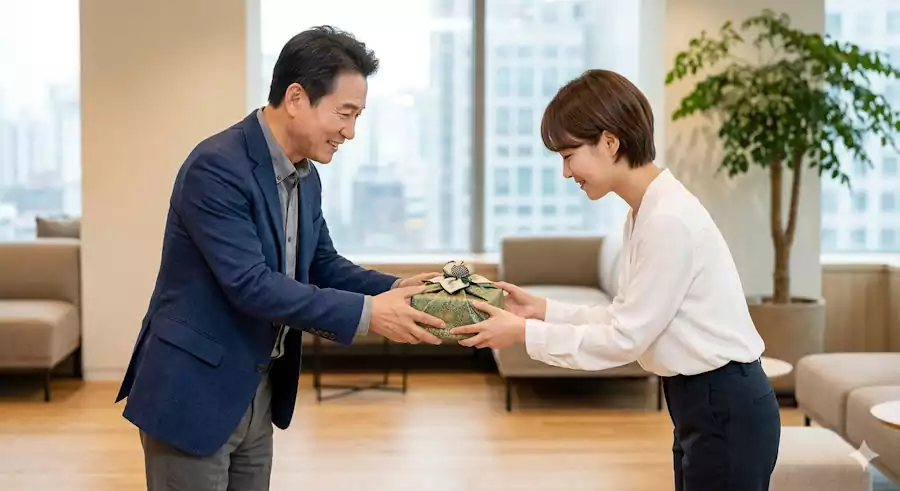 Understanding Korean Jeong A Heartwarming Guide to Korea’s Essential Cultural Heart 4 A person using both hands to give or receive a gift, showing respect in Korean culture.