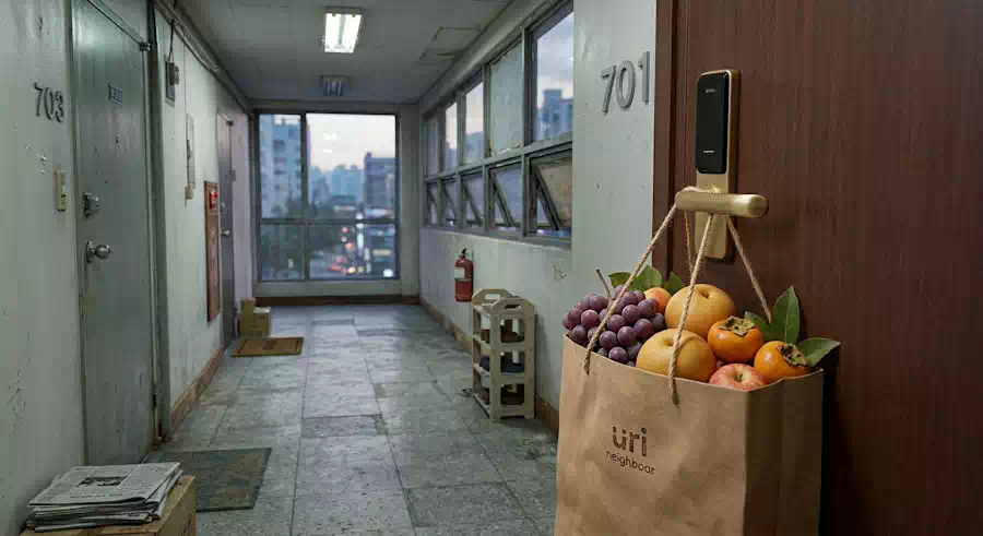 Beyond Kindness: Why Jeong Makes Korea Feel Like Home 3 beyond kindness korean emotional bond_A small bag of fruits left on a doorknob as a neighborly gift