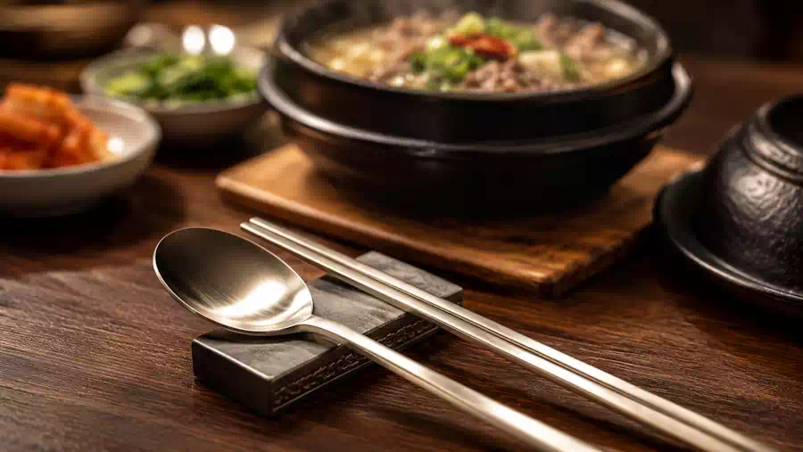 Mastering Korean Dining Etiquette: Essential Rules for Every Traveler 2 Close-up of metal utensils following correct Korean chopstick rules.