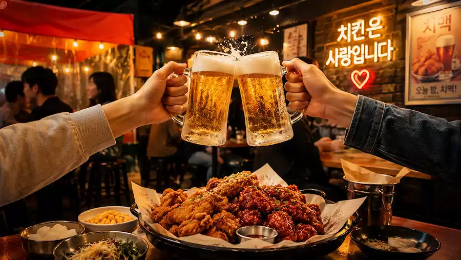 Korean Fried Chicken: Why the World Loves This "More Than Just Food" Phenomenon 3 Chimaek with beer glasses
