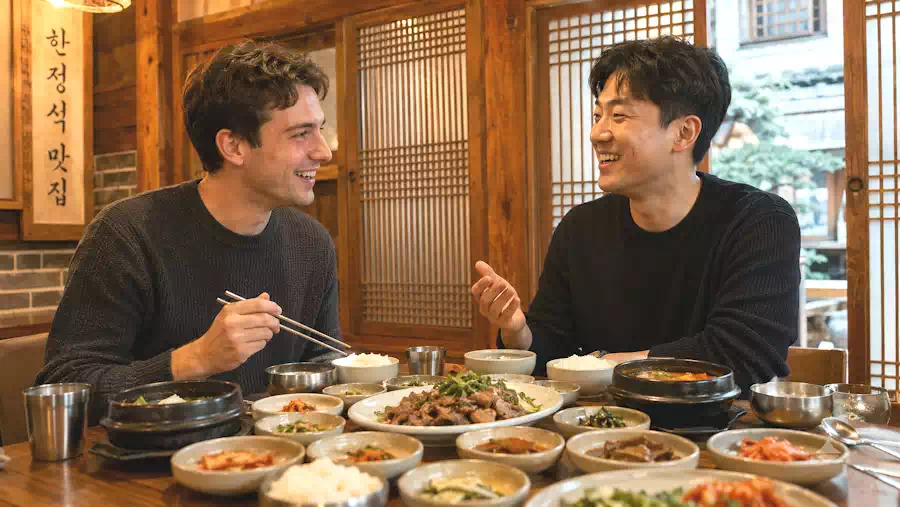 Mastering Korean Dining Etiquette: Essential Rules for Every Traveler 3 People enjoying shared side dishes following Korean dining etiquette.